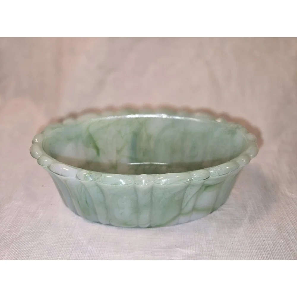 Vintage Akro Agate Green Slag Glass Dish Planter